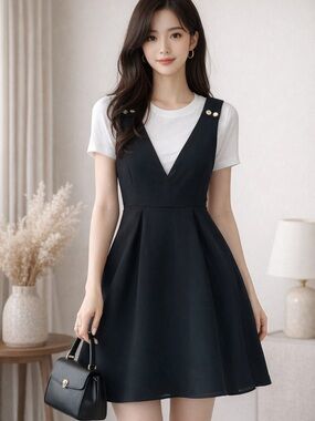 Puella Black V-Neck Sleeveless Mini Dress with Button-Straps size M